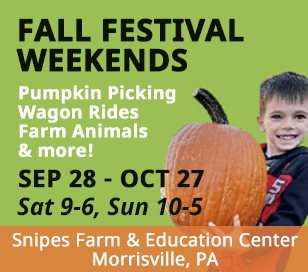 Family Fun Starts Sept. 28 at Snipes Farm's Annual Fall Festival Fun in Bucks County. Yes, it's been a long, hot summer. But soon you can cool off with some family fun at the Snipes Farm Fall Festival, which this year runs every weekend for five weeks starting Saturday, September 28. Enjoy Belgian Horse & Wagon Rides, Pumpkin Patch, the Giant Hay Pyramid, Scavenger Hunts, Land of the Scarecrows, Gentle Farm Animals, and Fresh-Baked Donuts and Cider.